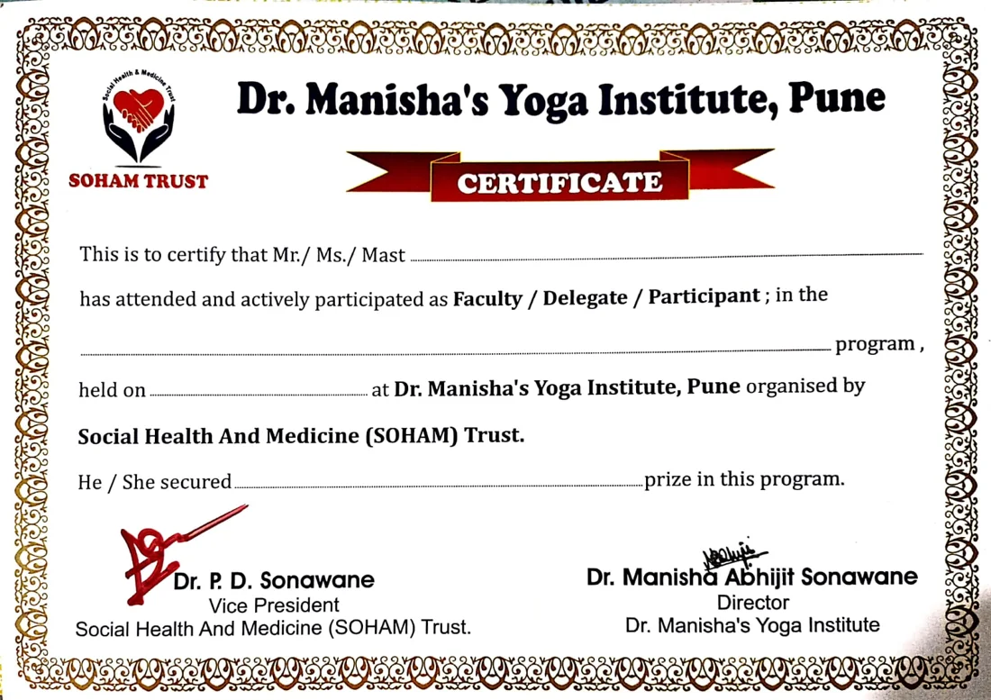 Sample certificate for Pranayama Certification Course