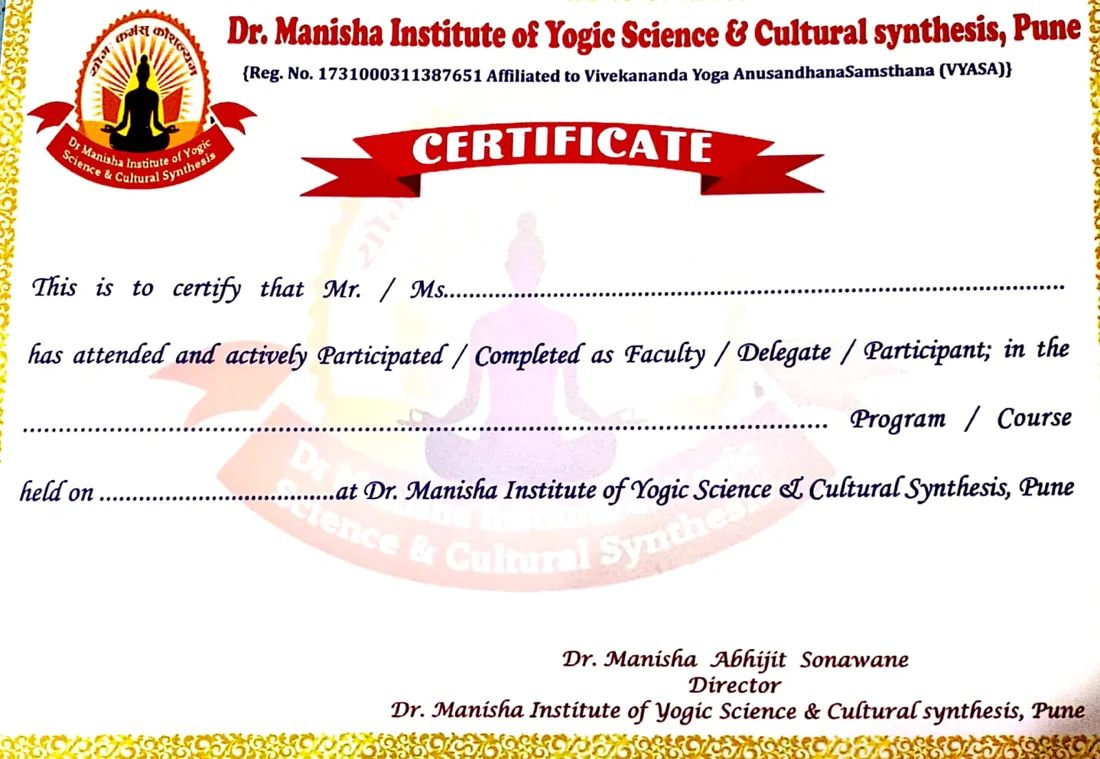 Sample certificate for Meditation Certification Course